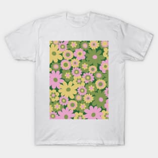 60s retro flower power, retro green, pink, mustard yellow, 60s groovy pattern, hippie flowers T-Shirt